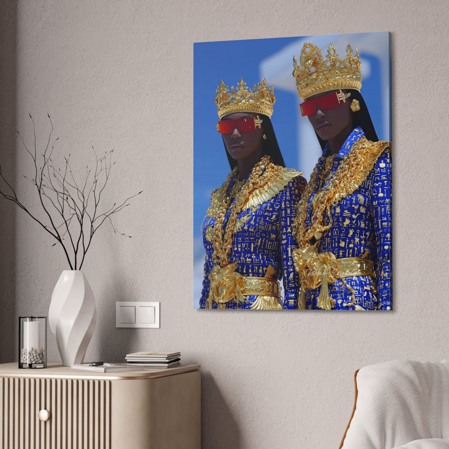 Royal Twins Fashion Canvas Print — Regal Gold Crowns & Blue Couture Wall Art
