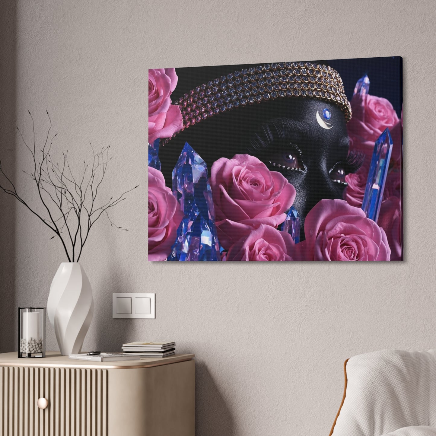 Mystic Moon Goddess Canvas Wall Art — Pink Roses & Crystal Portrait (Stretched 1.5")
