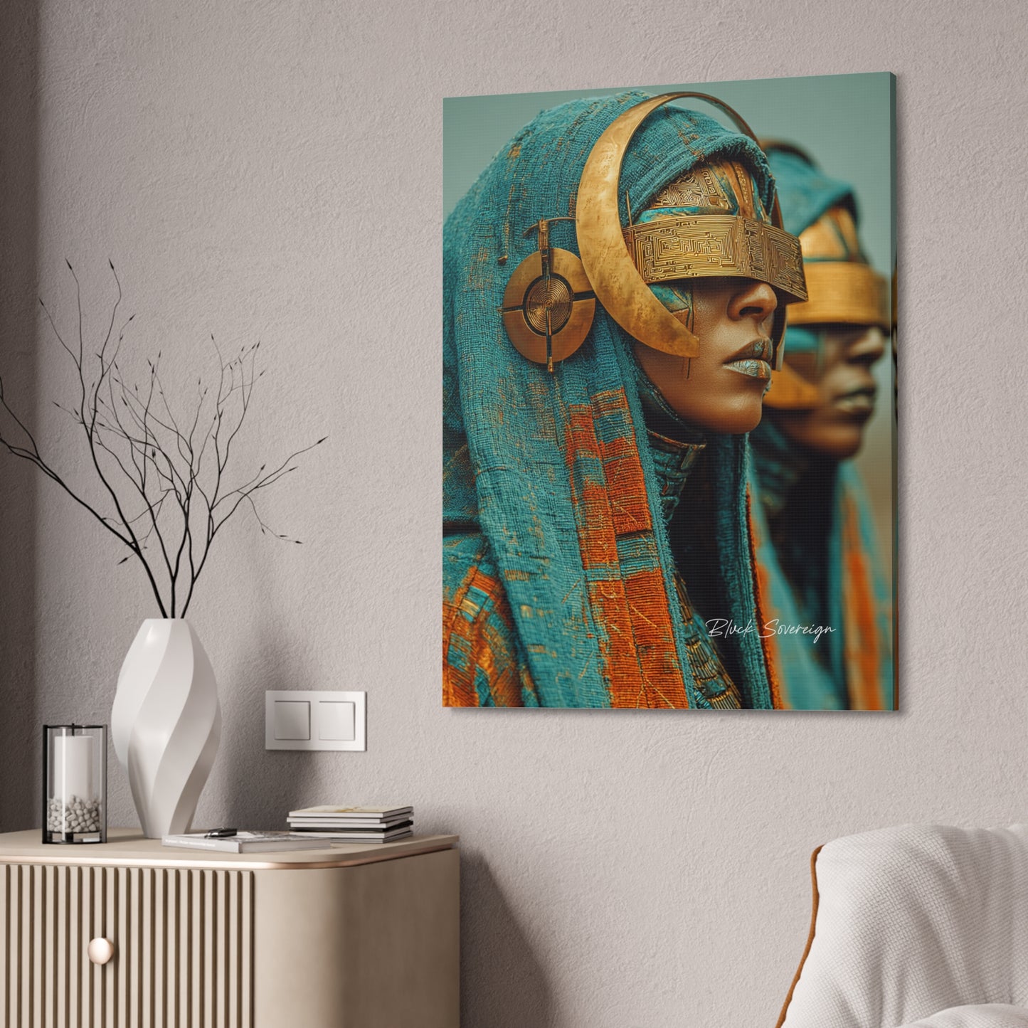 Mystic Sentinel Canvas Print — Futuristic Tribal Portrait Wall Art