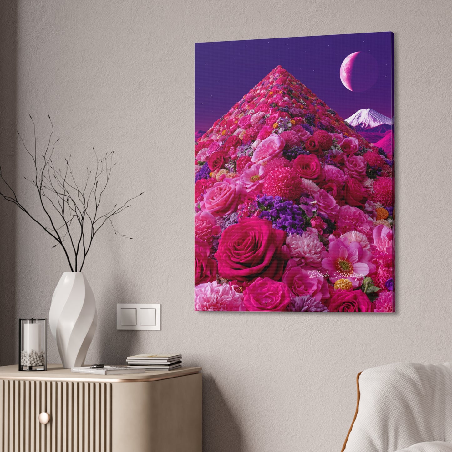 Floral Pyramid Canvas Print — Pink Roses Moonlit Surreal Wall Art