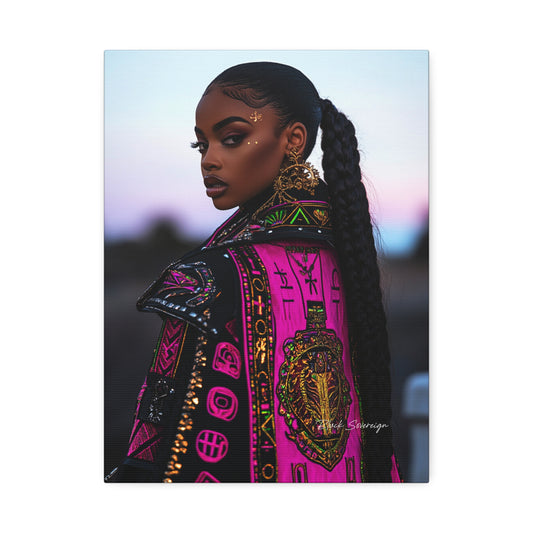 Bold Portrait Canvas Print — Afrocentric Fashion Art, Woman in Pink Embellished Jacket (Stretched Canvas)