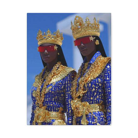 Royal Twins Fashion Canvas Print — Regal Gold Crowns & Blue Couture Wall Art