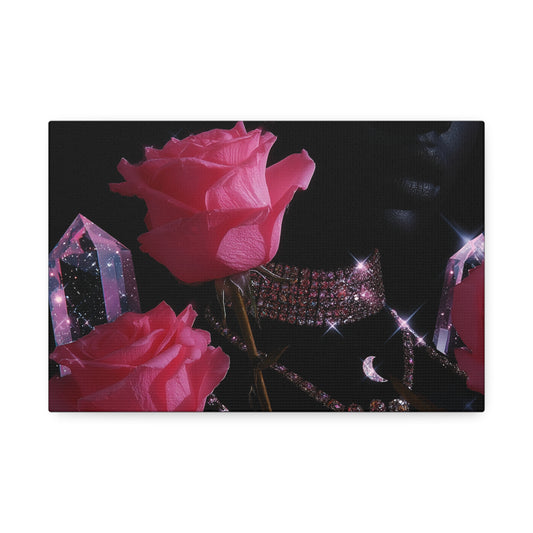 Pink Roses & Crystals Canvas Wall Art — Glam Noir Floral Print