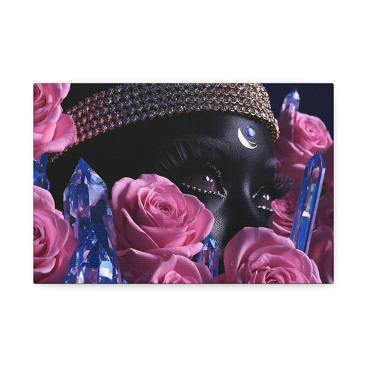 Mystic Moon Goddess Canvas Wall Art — Pink Roses & Crystal Portrait (Stretched 1.5")