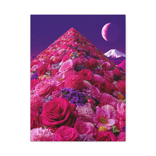 Floral Pyramid Canvas Print — Pink Roses Moonlit Surreal Wall Art